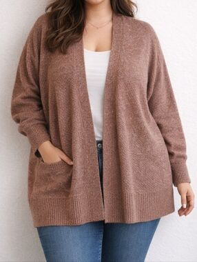 Terra & Sky Brown Open Front Cardigan Sweater | 2X | Cozy Knit